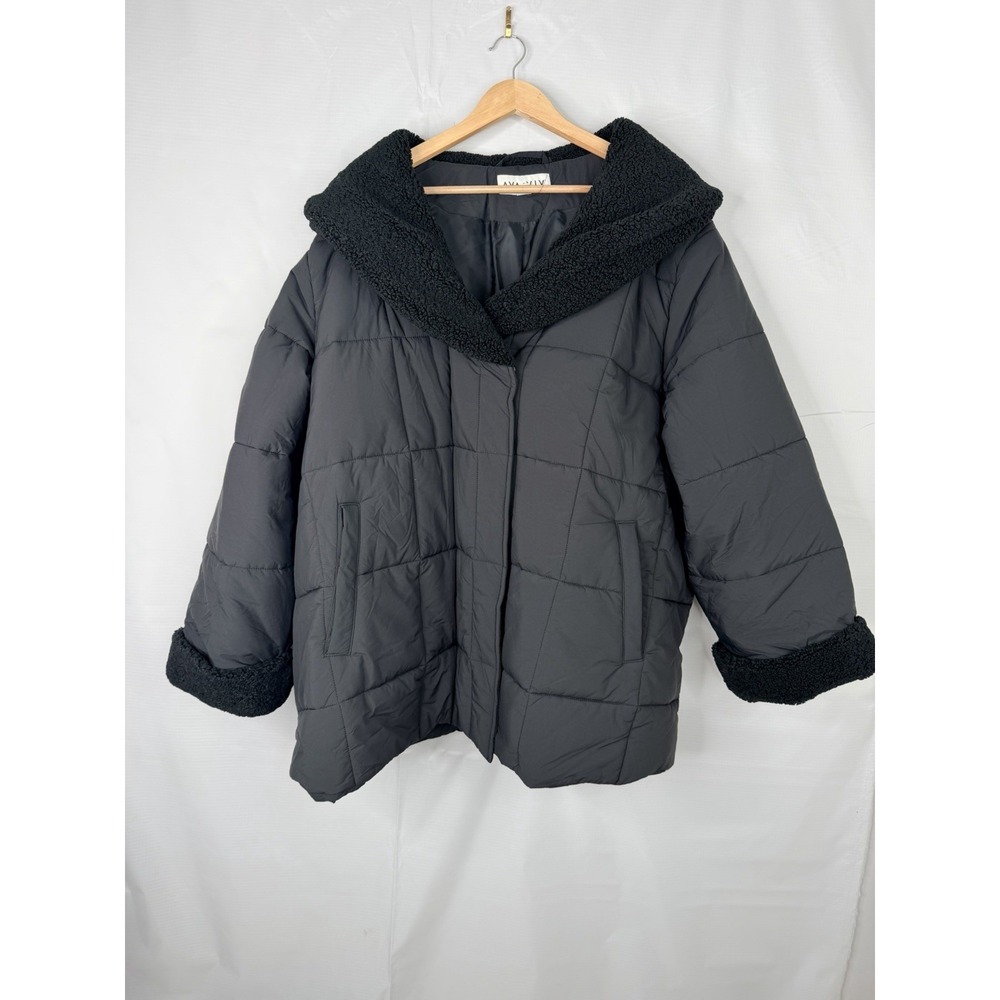 Ava & Viv Women's Faux Shearling Puffer Coat‎ Black Plus 3X Snap Front